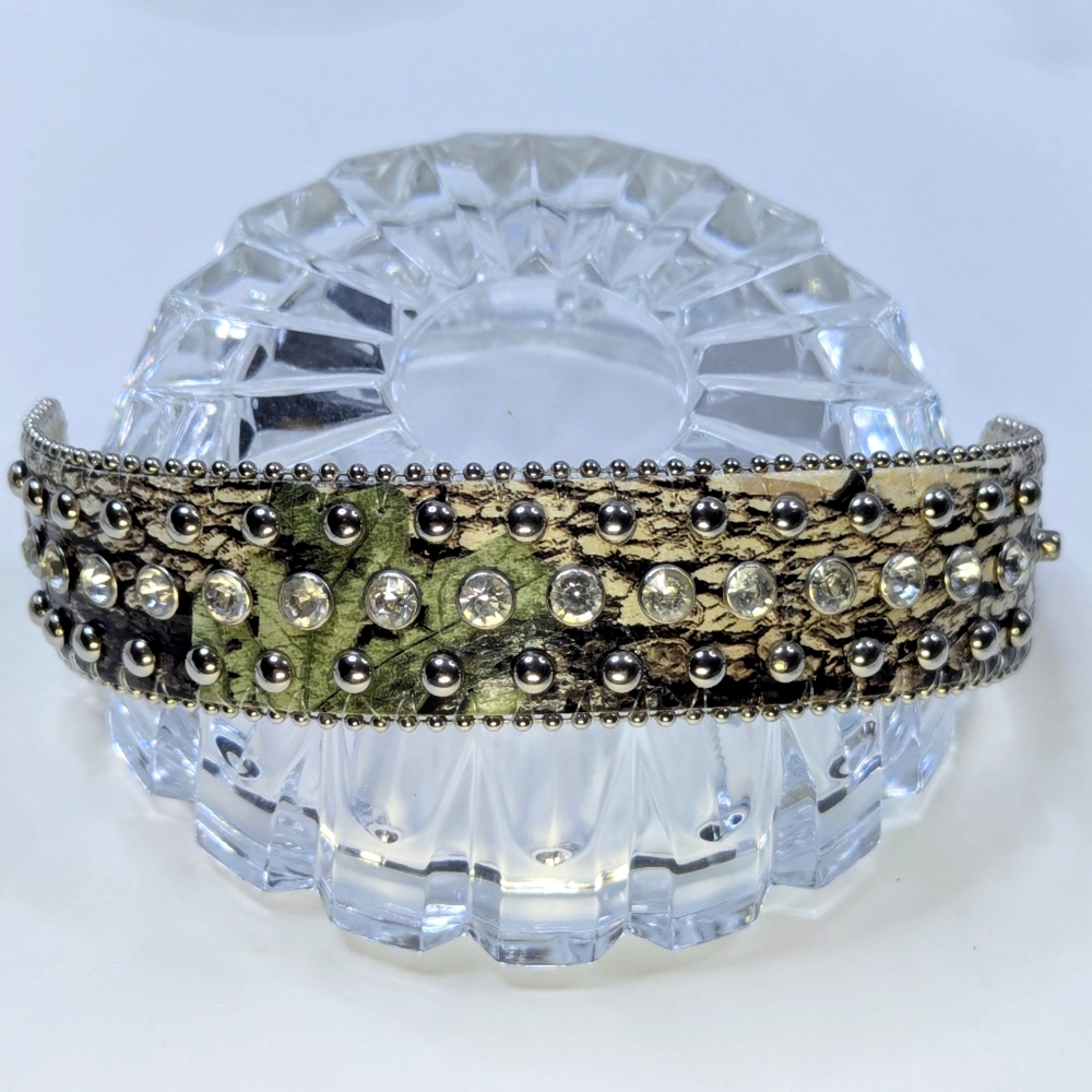 Angel Ranch Snap Bracelet Silver Beaded Rhinestone Crystals Camo Leather Strap
